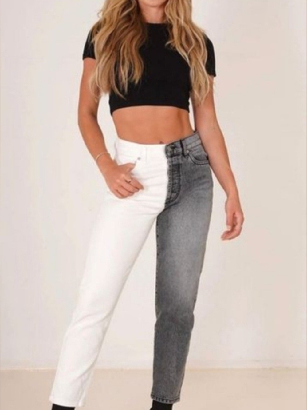 REVICE True Love Checkmate Two-Tone High-Rise Jeans in White & Gray